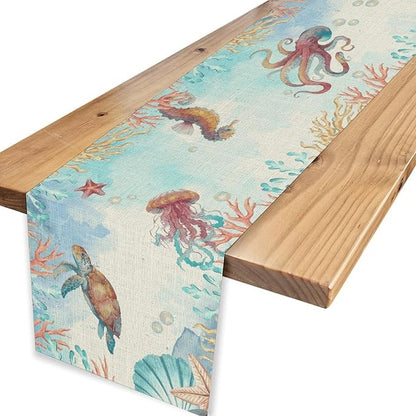 Blue Coastal Table Runner, Nautical Starfish Turtle Seashell Coral Shell Beach Ocean Dining Table Runner for Coffee Table Home Party Decor 13"x36"