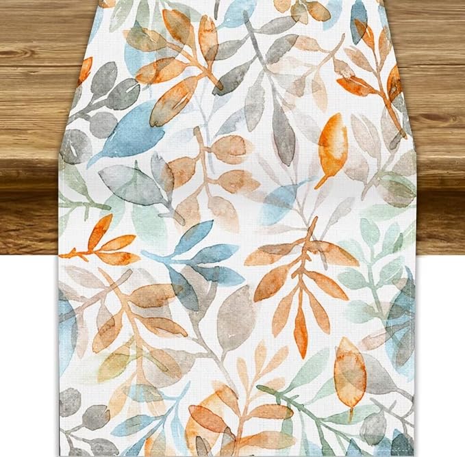 Fall Eucalyptus Leaf Table Runner, Autumn Orange Blue Leaves Harvest Thanksgiving Table Runner for Holiday Dining Room Kitchen Table Party Decoration, 13x90inch