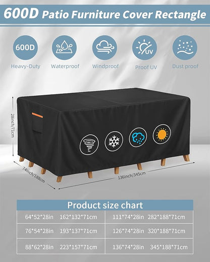 Outdoor Waterproof Furniture Cover, 136W x 74L x 28H inches Heavy Duty 600D Rectangular Table and Chair Set Protection, Black