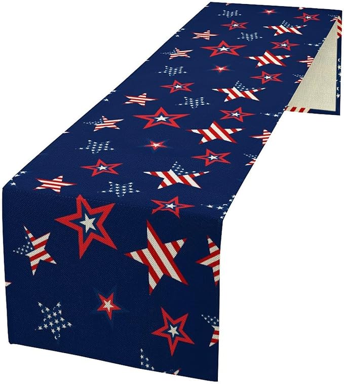 4th of July Patriotic Table Runner, Memorial Day Independence Day Freedom Stars Table Runner for Indoor Kitchen Dining Outdoor Holiday Party 13x36in