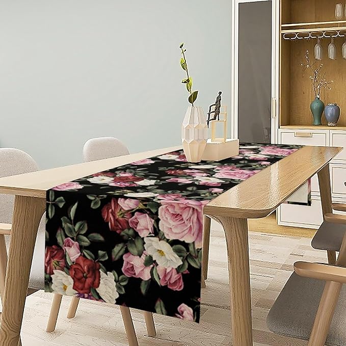Gothic Floral Table Runner,Vintage Pink Red Rose Flower Print Table Runner for Kitchen Dining Table Indoor Outdoor Home Party Decor,Black 13x90in