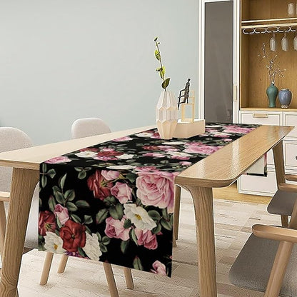 Gothic Floral Table Runner,Vintage Pink Red Rose Flower Print Table Runner for Kitchen Dining Table Indoor Outdoor Home Party Decor,Black 13x70in