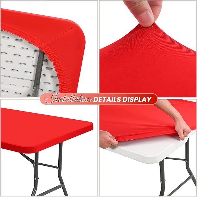 10 Pack Stretch Fabric Table Top Cap Cover, Red Table Covers fits 8Ft Tables, Washable Elastic Universal Rectangle Tablecloth Protector for Indoor Outdoor Party Picnic Wedding (30" W x 96" L)