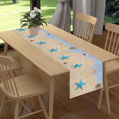 Summer Beach Table Runner, Nautical Starfish Coastal Seashell Ocean Blue Sea Seasonal Coffee Table Center Decor for Home Kitchen Dining Patio Holiday Party Table Decorations 13"x108"