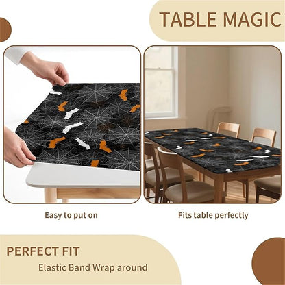 Rectangle Table Cloth Cover Waterproof Elastic Fitted Polyester Fitted Tablecloths for 4 Foot Tables for Indoor,Picnic, Camping, Outdoor （48" x 24"，Halloween）