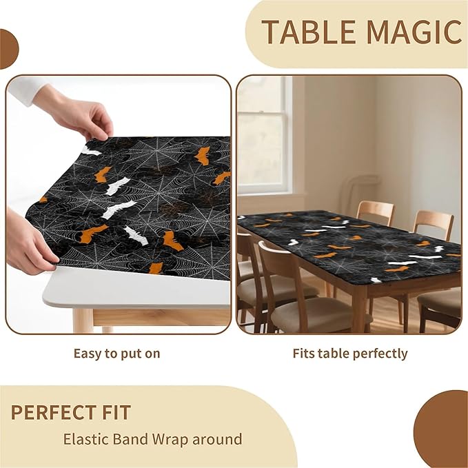 Rectangle Table Cloth Cover Waterproof Elastic Fitted Polyester Fitted Tablecloths for 4 Foot Tables for Indoor,Picnic, Camping, Outdoor （48" x 30"，Halloween）