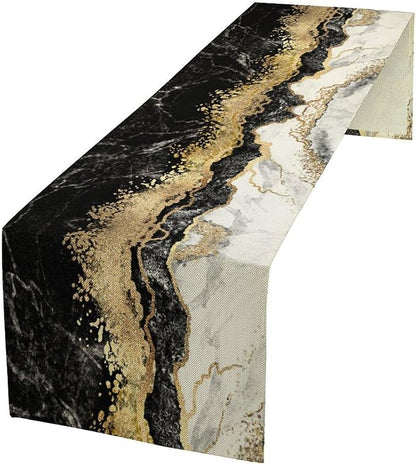 Marble Table Runner, Ink Golden Marble Texture Table Runner for Kitchen Wedding Farmhouse Indoor Outdoor Home Party 13x108in