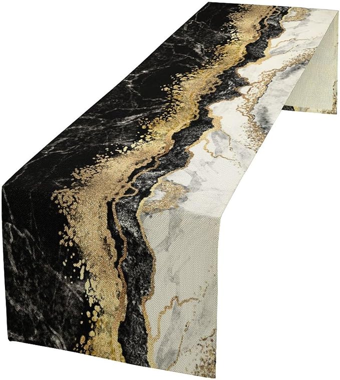 Marble Table Runner, Ink Golden Marble Texture Table Runner for Kitchen Wedding Farmhouse Indoor Outdoor Home Party 13x60in