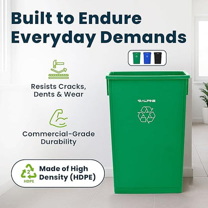Alpine 23 Gallon Slim Recycling & Trash Bin Set – 3-Pack Blue/Black/Green Plastic Narrow Open-Top Garbage Cans for Office, Home, School & Commercial Use