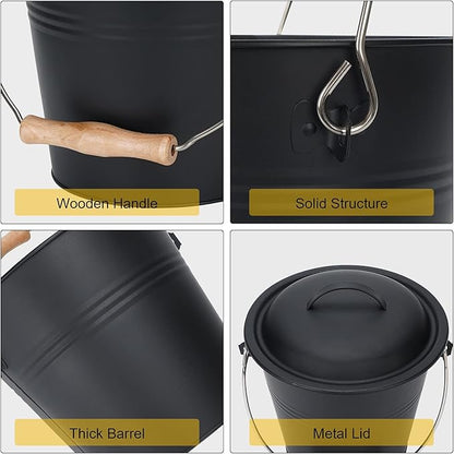 1.5-Gallon Metal Ash Bucket with Lid, Shovel, Broom - For Fireplaces, Wood Stoves