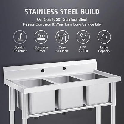 WILPREP NSF Stainless Steel 3 Compartment Commercial Sink 11x10x10 Inch Basins, Kitche Station Utility Sink for Restaurant Bar Home Laundry Room Garage