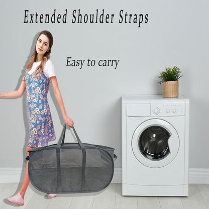 Upgraded 100L Collapsible Laundry Basket, Extra Large Mesh Pop Up Laundry Hamper, Dirty Clothes Hamper with long Handles, Pop-up Hampers for Laundry Travel. Dorm or Home Portable Laundry Basket. Black