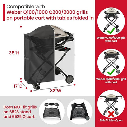 Unicook Grill Cover for Weber Q100/1000 Q200/2000 Series Grills on Portable Cart with Side Tables Folded Inside, Compared to Weber 7113, Heavy Duty Waterproof BBQ Cover, All Weather Protection