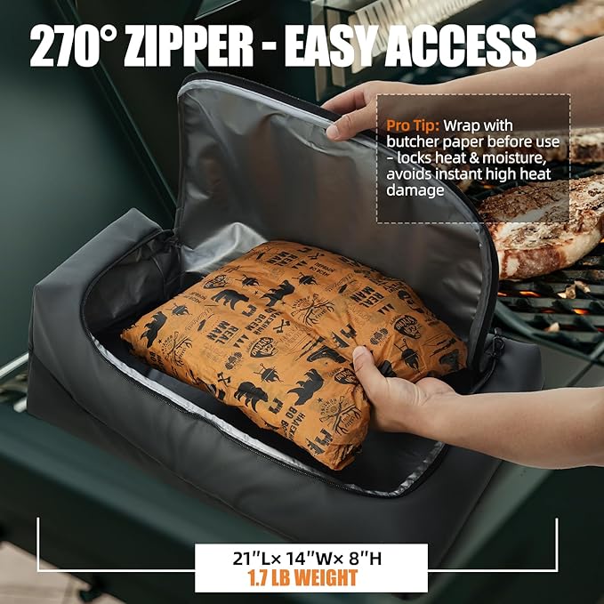 23" BBQ Blanket for Resting Meat, Washable Smoker Accessories for Men, Leak-Proof Insulated Meat Resting Bag, 270° Top Opening for Large Briskets, Grilling Gifts for BBQ Lovers