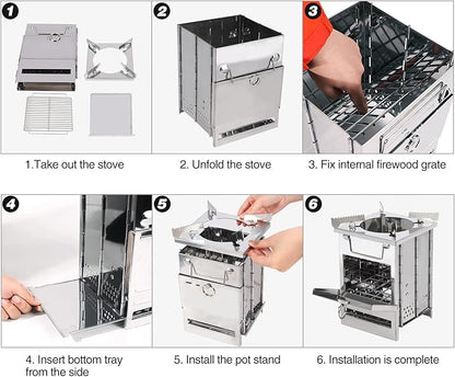 REDCAMP Wood Burning Folding Camp Stove Stainless Steel Grill and Pot Stand, Portable Collapsible Backpacking Stove Survival Rocket Stove for Hiking Outdoor Tent Camping Picnic, Largel with Pot Stand