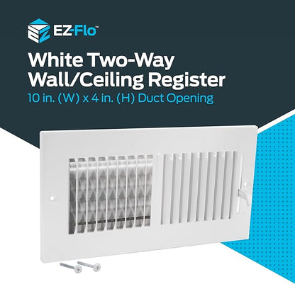 EZ-FLO 10 x 4 Inch (Duct Opening) White Air Vent Cover for Wall or Ceiling, Two-Way Ventilation Register, Solid Steel HVAC Cover, 61609 (Pack of 2)