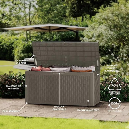 100 Gallon Patio Storage Bench - Waterproof Outdoor Deck Box & Storage Cabinet, Lockable Resin Chest for Pool/Garden Accessories, UV-Resistant, Weathered Grey
