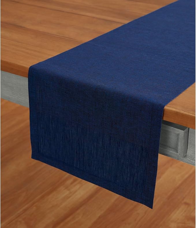 Solino Home Linen Short Table Runner 48 Inches - Athena, 100% Pure Linen Royal Blue Table Runner 14 x 48 Inch Ideal for Dresser and Coffee Tables - Winter
