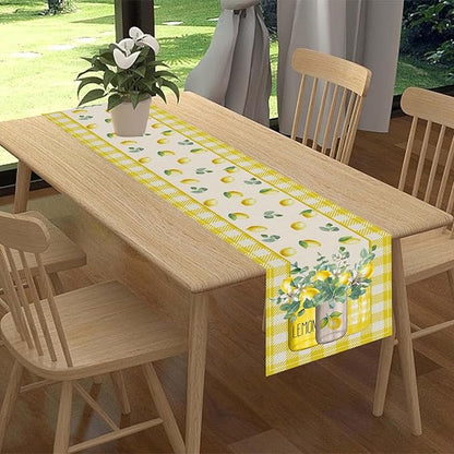 Lemon Table Runner, Farmhouse Yellow Buffalo Plaid Seasonal Summer Spring Fruits Lemon Coffee Table Center Decor for Home Kitchen Dining Party Patio Indoor Outdoor Table Decorations, 13"x72" Inch