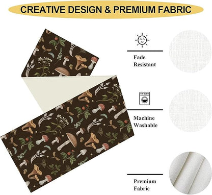 Mushroom Table Runner, Rustic Farmhouse Forest Plants Botanical Wild Floral Coffee Table Center Decor for Home Kitchen Dining Patio Holiday Party Indoor Outdoor Table Decorations, 13"x108" Inch