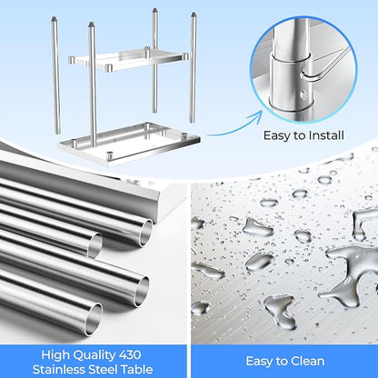 NUUK Heavy Duty Commercial Worktable 24" x 36" Restaurant Kitchen Food Prep Work Table Adjustable Height Stainless Steel Grill Workstation for Home and Hotel