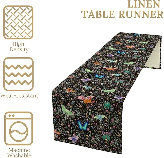 Boho Wildflower Moth Table Runner,Bohemian Floral Colorful Butterfly Print Table Runner for Kitchen Dining Table Holiday Indoor Outdoor Home Party Decor 13x120in