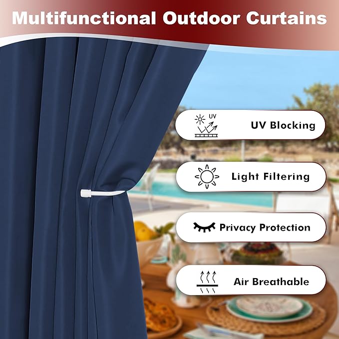 HolidayIdeas Grommet Outdoor Curtains for Patio Waterproof 8 Pcs All Weather Balcony Outside Curtains for Apartments, Gazebo, Pergolas, Porch, 54x84 Inch, Navy