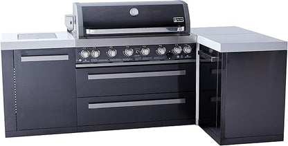 Mont Alpi MAi805-BSS90 44-inch 6-Burner 115000 BTU Deluxe Black Stainless Steel 90 Degree Outdoor Kitchen Gas Island Grill w/Infrared Side Burner Rotisserie Kit + Storage Drawers & Cabinets