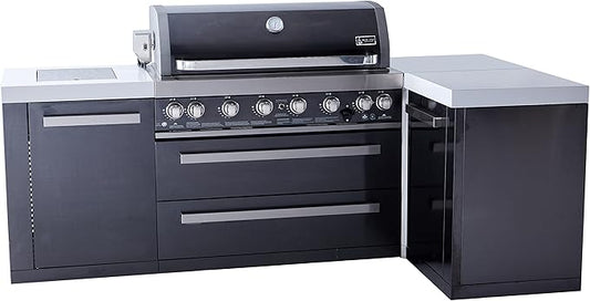 Mont Alpi MAi805-BSS90 44-inch 6-Burner 115000 BTU Deluxe Black Stainless Steel 90 Degree Outdoor Kitchen Gas Island Grill w/Infrared Side Burner Rotisserie Kit + Storage Drawers & Cabinets