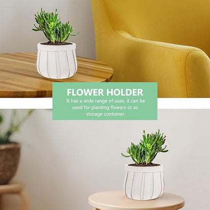 Round Woven Flower Pot with Plywood Base Flower Holder Planter for Indoor Outdoor Use Compact Stackable Storage Container for Home Garden Balcony White