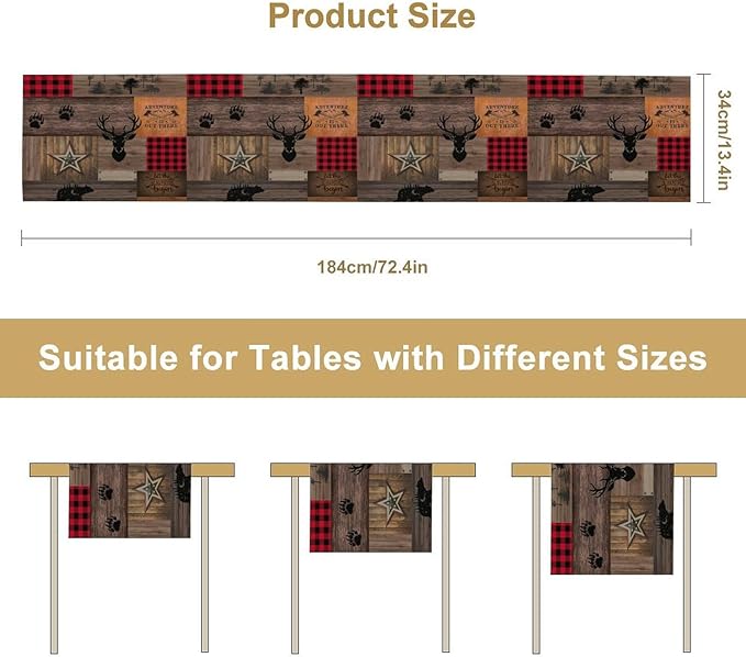 Vintage Bear Deer Table Runner, Rustic Western Farmhouse Hunting Theme Wildlife Animal Checkered Table Runner for Outdoor Dining Kitchen Camping Party 13x70in