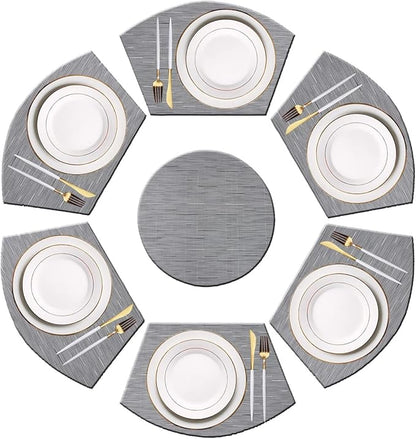 PIGCHCY Wedge Shaped Placemats Set of 6 with Centerpiece Round Mats Washable Kitchen Placemats Heat-Resistant Table Mats (Silver Grey)