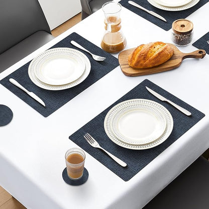 MOSAYT Placemats Set of 4, Heat Resistant Vinyl Place Mats with Coasters, 100% Waterproof Wipeable Washable Faux Leather Table Mats for Kitchen Dining Party Outdoor, 12" x 17", Navy Blue