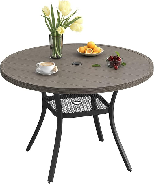 VICLLAX Round Patio Dining Table, 41 inch Metal Outdoor Dining Table with Umbrella Hole for Garden Lawn Balcony Deck,Grey