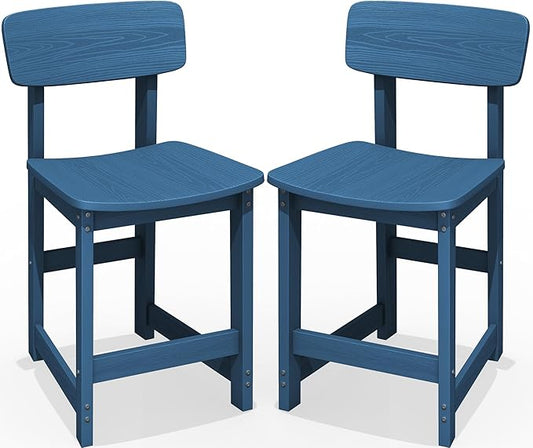 SERWALL Outdoor Bar Stools Set of 2, All Weather HDPE 25" Counter Height Bar Stools with Back, Outdoor Armless Barstools for Patio, Garden, Backyard, Balcony, Poolside, Blue
