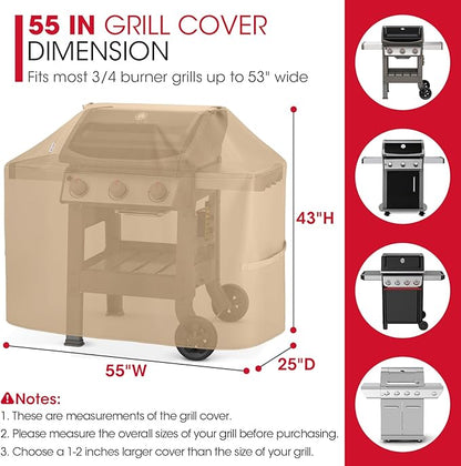 Unicook Grill Cover for Outdoor Grill 55 Inch, Heavy Duty Waterproof BBQ Cover for Outside, Compatible with Weber Char-Broil Nexgrill 3-4 Burner Gas Grills, All Weather Protection, Light Brown