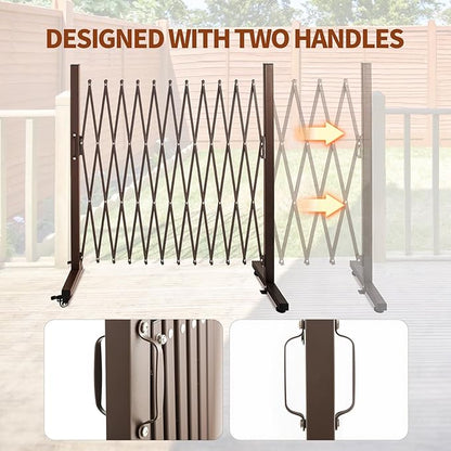 TECSPACE Aluminum Expandable Garden Fence, Portable Barricade Gate with Casters, Adjustable Retractable Fence Mobile Barricade Safety Barrier (Brown, 130×15×41 inch)