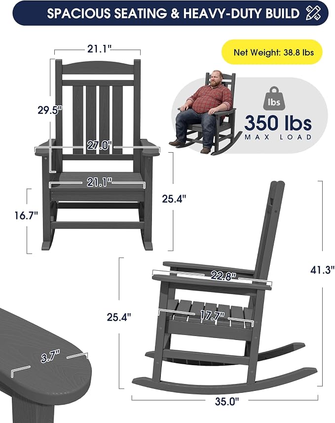 Oversized Outdoor Rocking Chairs Set of 6, HDPE Porch Rockers - Image 2