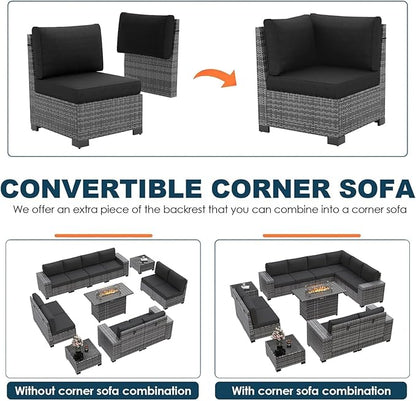 13 Piece Patio Furniture Set with Fire Pit Table, Outdoor Sectional Conversation Sets Grey Wicker Rattan Sectional Sofa for Patio Garden Backyard, 4'' Thickened Cushion Black