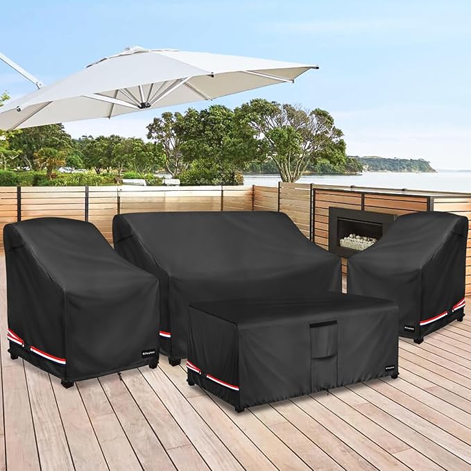 Rileytee Patio Furniture Set Covers,4 Pcs 600D Heavy Duty 100% Waterproof Outdoor Furniture Cover,Fit Patio Loveseat, Chair and Coffee Table (Black)