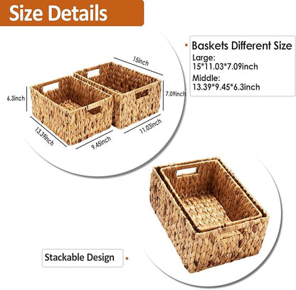 Wicker Baskets 2 Pack, Water Hyacinth Wicker Storage Basket with Handles, Large Rectangular Wickers Baskets for Organizing, Natural
