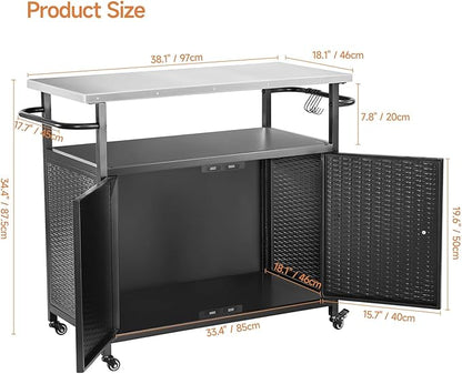 Outdoor Grill Cart with Storage, Outdoor Bar Cart with Wheels, Kitchen Island Cart with Stainless Steel Top for BBQ, Patio, Backyard