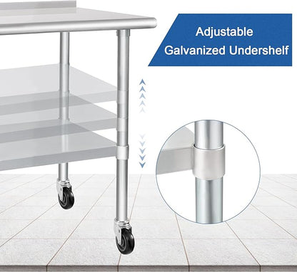 HARDURA Stainless Steel Table 30 x 60 Inches with Wheels Casters NSF Heavy Duty Commercial Prep Table with 2” Backsplash and Adjustable Undershelf for Restaurant Kitchen Home and Hotel