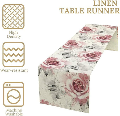 Pink Rose Floral Table Runner,Abstract Watercolor Flower Pattern Modern Romantic Kitchen Dining Table Decoration for Wedding Holiday Home Party 13x60in