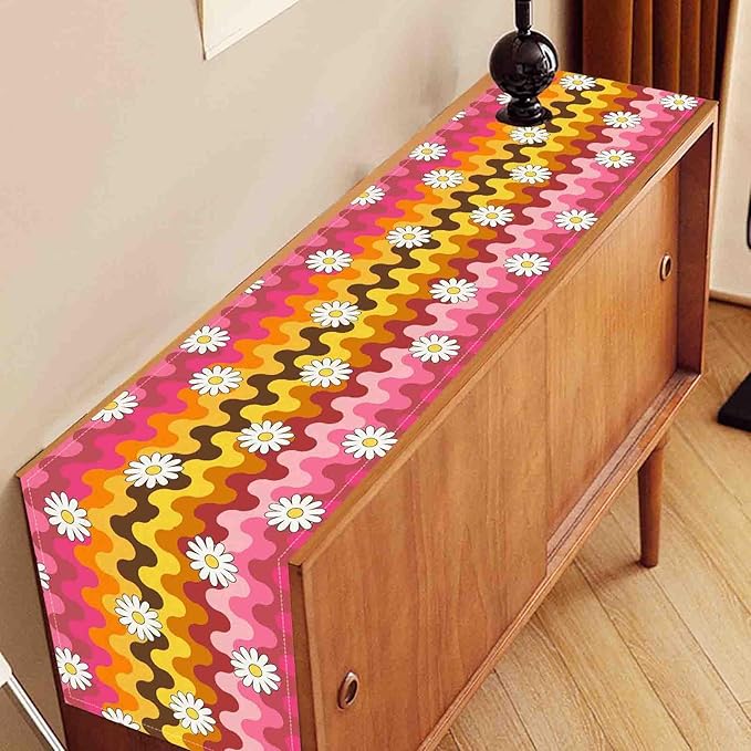 70s Table Runner, Retro Groovy Hippie Daisy Floral Pink Yellow Wave Funky Trippy Coffee Table Center Decor for Home Kitchen Dining Patio Holiday Party Indoor Outdoor Table Decorations, 13"x90" Inch