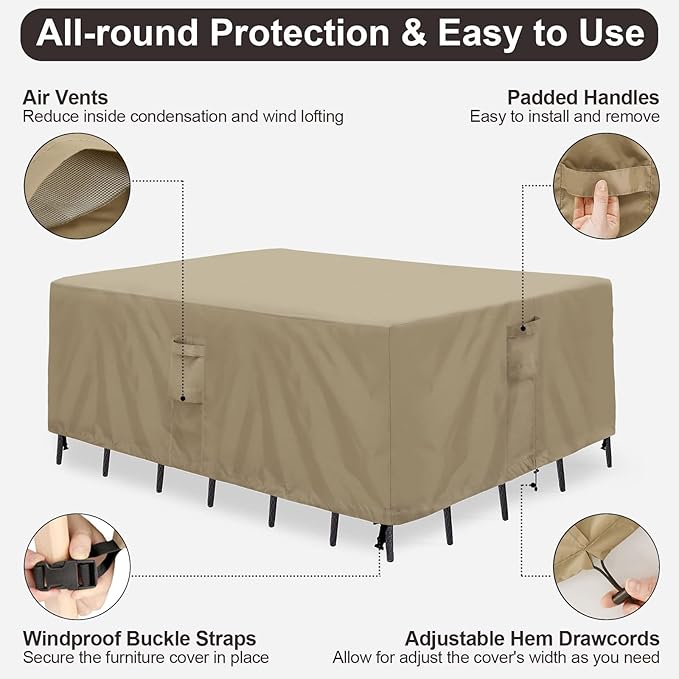 PureFit Patio Furniture Covers, Outdoor Table Furniture Cover Waterproof Rectangle, Patio Sectional Couch Set Cover for Deck, Lawn and Backyard, UV Resistant, 74"L x 47"W x 28"H, Camel