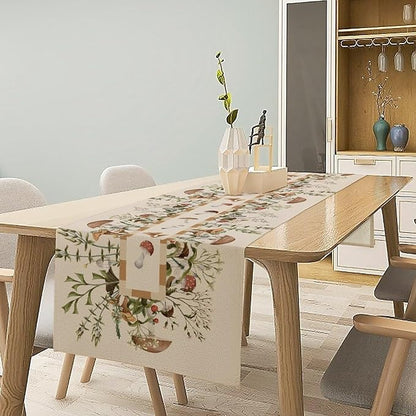 Wild Mushroom Table Runner, Retro Floral Plants Botanical Print Table Cover for Kitchen Dining Table Wedding Home Party Decor, 13x70inch