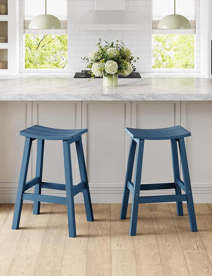 Weatherproof Bar Stools Set of 2, 28" Height Outdoor Bar Stools Holds up to 400 lbs, Saddle Seat, Bar Height Stools for Patio, Garden, and Kitchen Island, Blue