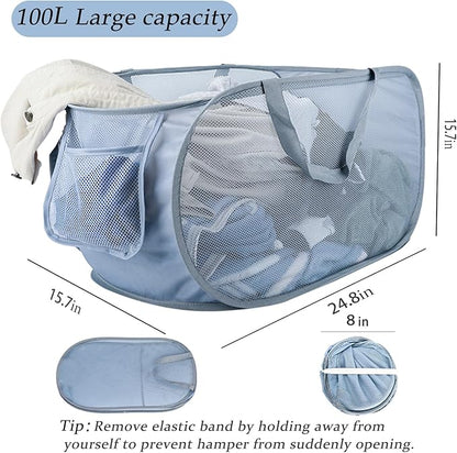 Extra Large Mesh Pop Up Laundry Hamper 2 Pack, 100L Foldable Laundry Baskets, Dirty Clothes Hamper with Pocket, Collapsible Hampers for Travel, Nursery, Dorm or Home. Grey 2H