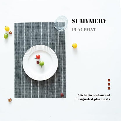Placemats Set of 6 Vinyl/Plastic Woven Place Mats for Kitchen Table Indoor/Outdoor Washable Placemat Wipeable Dining Table Mats (Black Stripes,6)